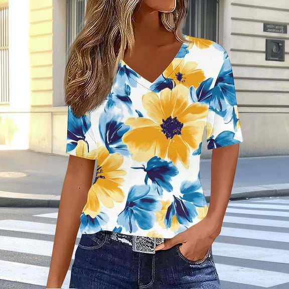 Blczomt Tops for Women Trendy Summer 2025 Floral V Neck Tee Yellow Casual Short Sleeve Women's Blouses