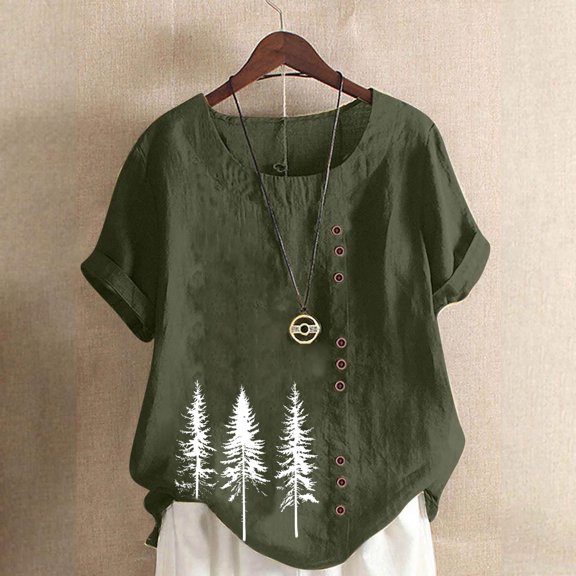 Blczomt Tops for Women Trendy Summer Cotton Linen Short Sleeve Shirt Green Button Casual Ladies Tops and Blouses