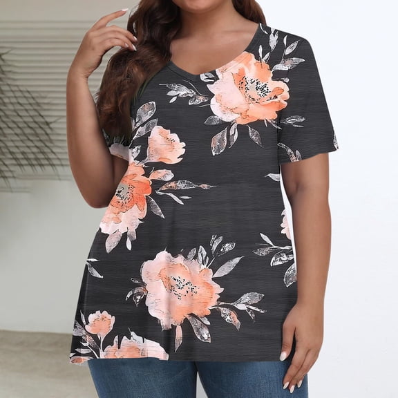 Blczomt Tops for Women Trendy Summer Floral Oversized T Shirts Short Sleeve Gray Plus Size Crew Neck Womens T Shirts