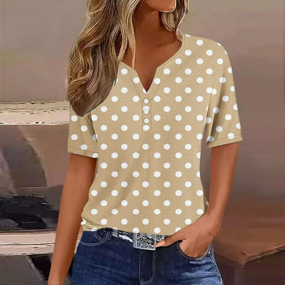 Blczomt Tops for Women Trendy Summer Polka Dot Casual T Shirts V Neck Button Yellow Short Sleeve Shirts Women