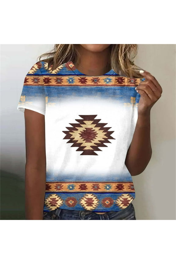 Tops for Women Western Summer Blue Aztec Shirt Trendy Crew Neck Short Sleeve Blouse Women