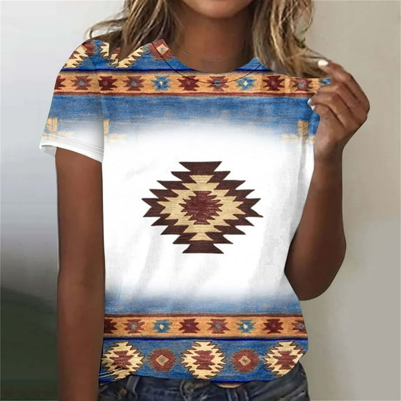 Blczomt Tops for Women Western Summer Blue Aztec Shirt Trendy Crew Neck Short Sleeve Blouse Women