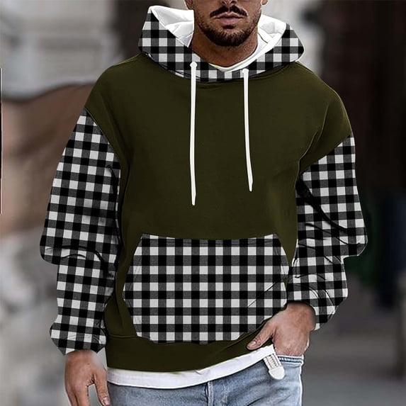 Blczomt Trendy Sweatshirt Men Pullover Hoodies Winter Casual Plaid Warm Green Men's Clothing,M