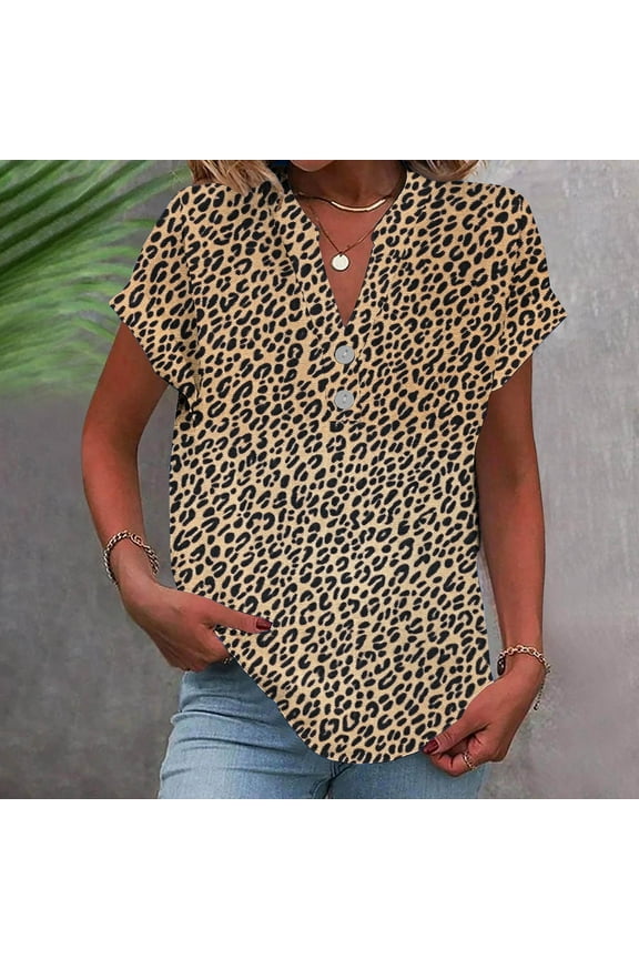 Trendy Tops for Women 2025 Summer Cotton Linen V Neck Shirts Blue Leopard Print Dressy Casual Womens Blouse