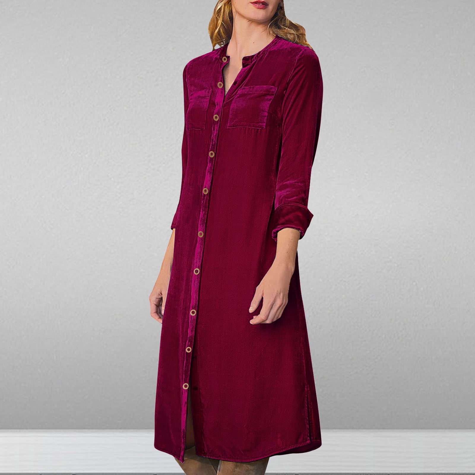 Women's Red V-Neck Velvet Casual Empire Dress
