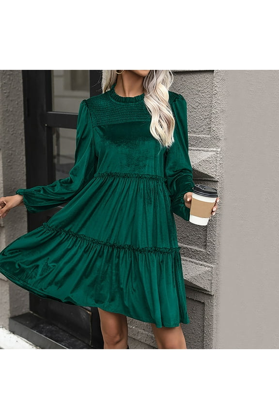 Velvet Womens Holiday Dress Tiered Green Midi Long Sleeve Dresses Crewneck Flowy Solid Color Dressy Dress