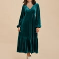 thumbnail image 1 of Blczomt Velvet Womens Holiday Dresses 2025 Flowy Midi Green Long Sleeve A Line Plus Size Soft V Neck Dress, 1 of 8