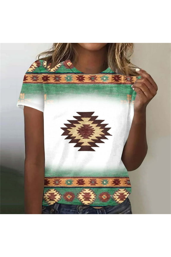 Western Womens Tops Green Summer Aztec Shirt Short Sleeve Crew Neck Trendy Blouses Women