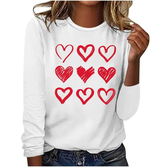 Blczomt White Juniors Tops Long Sleeve Love Heart Print Valentine's Day Crew Neck Pullover Womens Shirts Loose