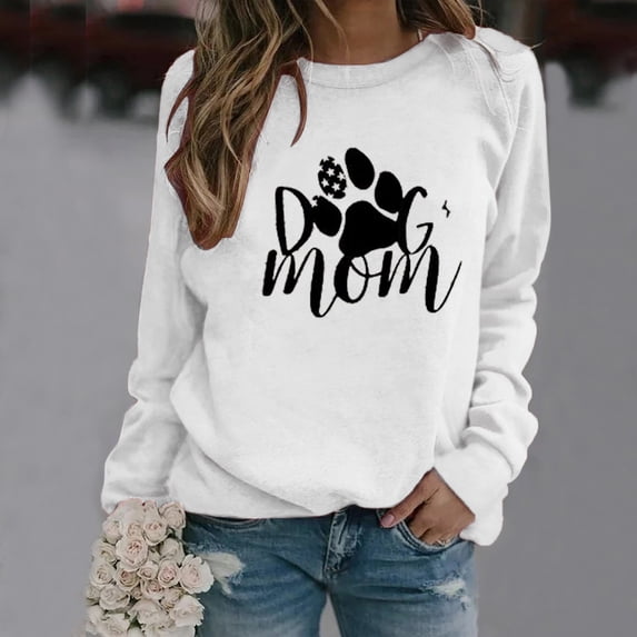 Blczomt White Women's Sweatshirts Crewneck Pullover Fall Fashion Preppy Sweatshirts Dog Mom Graphic Long Sleeve Tops for Women