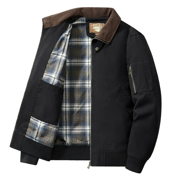 Blczomt Windbreaker Mens Jacket Winter Lined Black Full Zip Cotton Jacket Bomber Heavy Warm Men's Winter Coats L