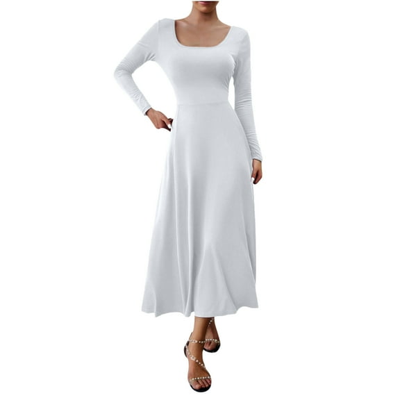 Blczomt Women Dresses Midi Long Sleeve Flowy White A Line Dressy Pleated V Neck Solid Color Dresses