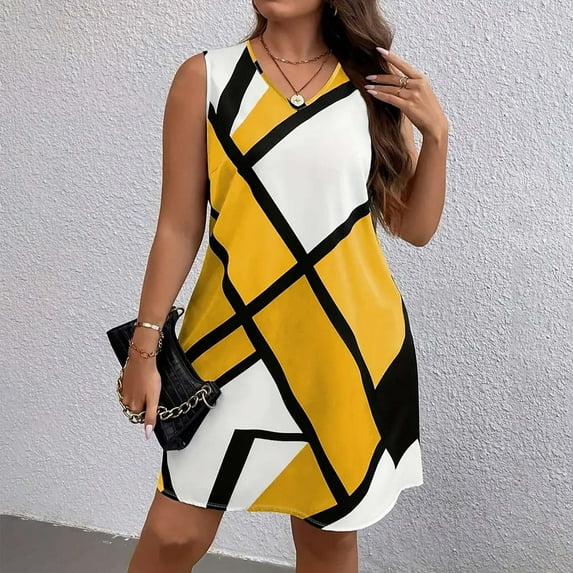 Blczomt Women Dresses Sundress Summer Plus Size Tank Dress Colorblock Yellow Beach Sleeveless Vacation Clothes for Women