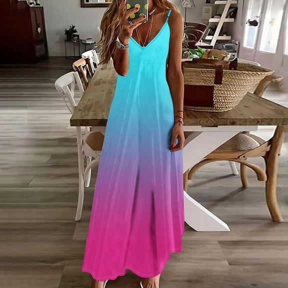 Blczomt Women Summer Dresses Casual Maxi A Line Pink Spaghetti Strap Gradient V Neck Womens Dress
