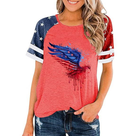 Blczomt Women Tops Independence Day 4th of July Short Sleeve T Shirts Round Neck Red Patriotic American Flag Womens Shirts
