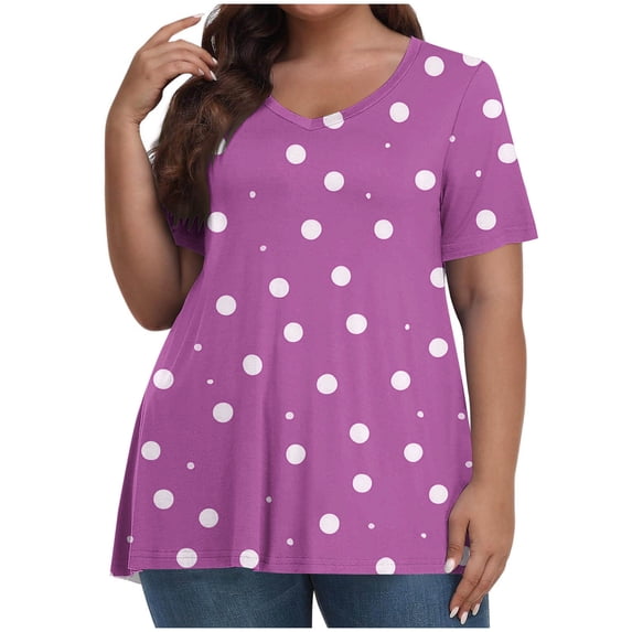 Blczomt Women Tops Plus Size Polka Dot Shirts Crew Neck Purple Casual Short Sleeve Womens Summer Blouses