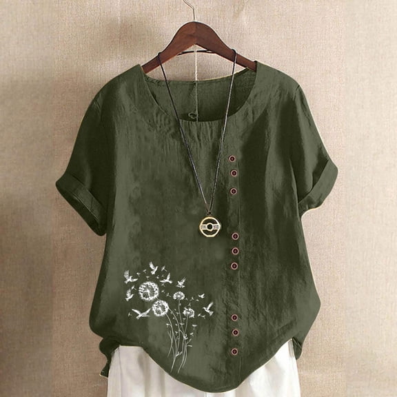 Blczomt Women's Summer Tops Cotton Linen Short Sleeve Shirt Button Casual Trendy Green Ladies Tops
