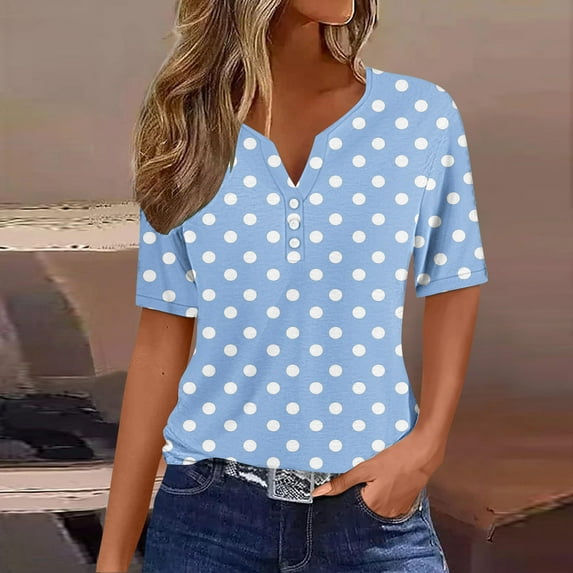 Blczomt Women's Summer Tops Polka Dot Casual T Shirts Button Short Sleeve Blue V Neck Women's T-Shirts
