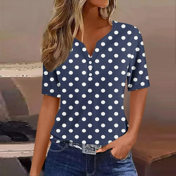Blczomt Women's Summer Tops Polka Dot Casual T Shirts Short Sleeve Button V Neck Blue Womens Plus Size Blouses
