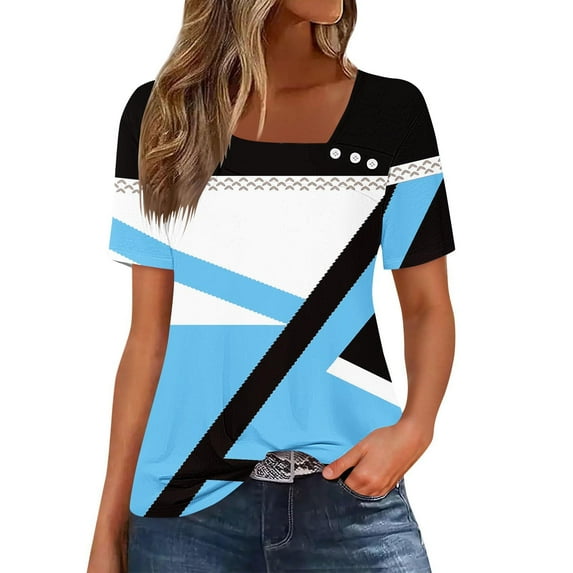 Blczomt Women's Tops Crew Neck Short Sleeve T Shirts Trendy Blue Casual Color Block Ladies Summer Tops