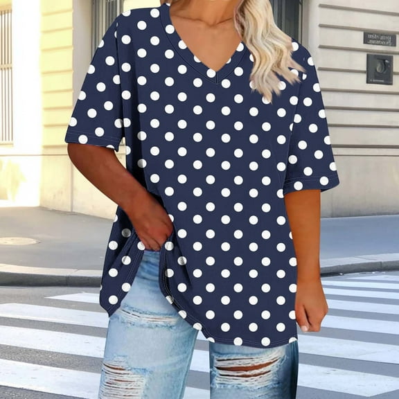 Blczomt Women's Tops Short Sleeve Loose Fit Plus Size Tee Blue Polka Dot V Neck Womens Shirts Casual