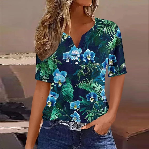 Blczomt Women's Tops Short Sleeve V Neck T-Shirt 2025 Floral Green Casual Summer Shirts for Women