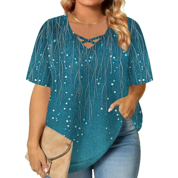 Blczomt Women's Tops Summer V Neck Plus Size Tees Floral Short Sleeve Oversized Women's T-Shirts