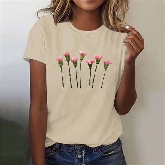 Blczomt Womens Casual Tops Short Sleeve Crew Neck T Shirt Summer Floral Vacation Beige Spring Blouses for Women 2025