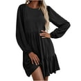 thumbnail image 1 of Blczomt Womens Dress Black Tiered Mini Long Sleeve A Line Solid Color Crewneck Casual Dressy Dresses, 1 of 5