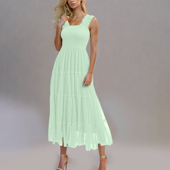 Blczomt Womens Dresses Summer Formal Party A Line Green Mesh Tiered Square Neck Womens Dress