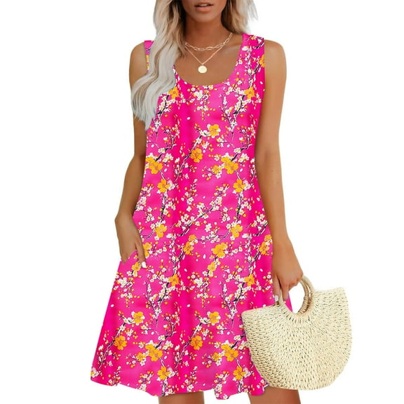 Blczomt Womens Dresses Summer Tank Floral A Line Beach Midi Loose Fit Sleeveless Womens Dress