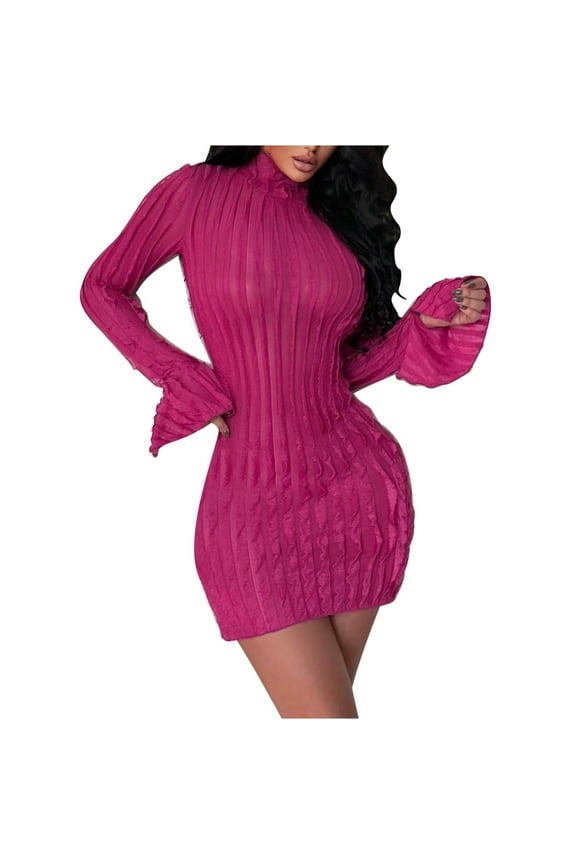 Womens Holiday Dresses 2025 Pink Long Sleeve Ruffle Mini Bodycon Solid Color Dressy Casual Turtleneck Dresses