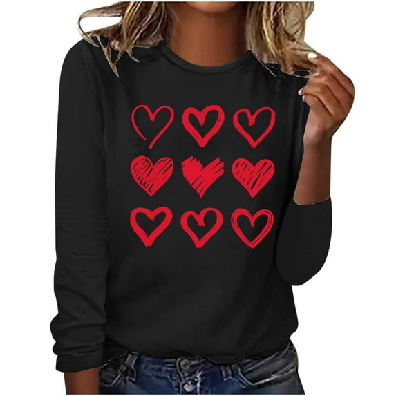 Blczomt Womens Scrub Tops Long Sleeve Black Valentine's Day Love Heart Print Crew Neck Pullover Womens Blouses Long Sleeve