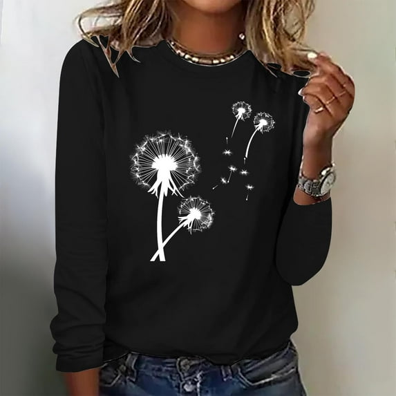Blczomt Womens Shirts Graphic Loose Fit Black Long Sleeve Tees Casual Fall Crew Neck Pullover Peasant Blouses for Women