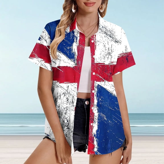 Blczomt Womens Short Sleeve Tops 4th of July Hawaiian Button Down Shirt Casual Red Trendy Independence Day Womens Blouse