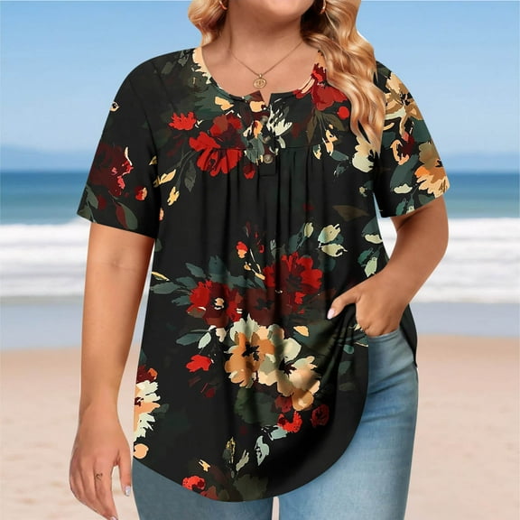 Blczomt Womens Short Sleeve Tops Casual Plus Size T Shirts Round Neck Floral Black Loose Fit T Shirts for Women