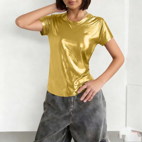 Blczomt Womens Spring Blouses Short Sleeve Gold Tops 2026 Lightweight Womens Blouses Casual,L