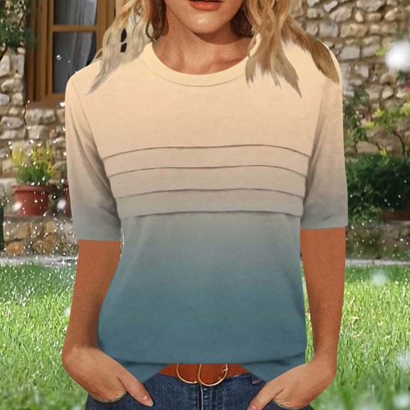 Blczomt Womens Spring Tops Crew Neck Short Sleeve Graphic Tees Yellow Gradient Loose Fit Summer Womens Blouses Casual