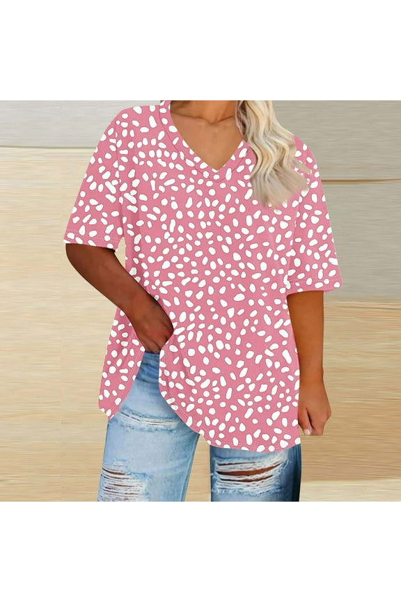 Womens Spring Tops Plus Size Loose Fit Polka Dot T Shirts Summer Casual Pink Short Sleeve Shirts for Women