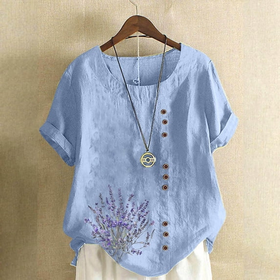 Blczomt Womens Spring Tops Summer Cotton Linen Short Sleeve Shirt Trendy Casual Blue Button Womens Plus Size Blouses