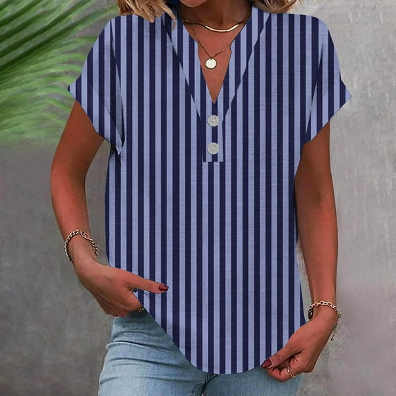 Blczomt Womens Spring Tops V Neck Short Sleeve Loose Fit Shirts Striped Blue Dressy Casual Summer Women's T-Shirts