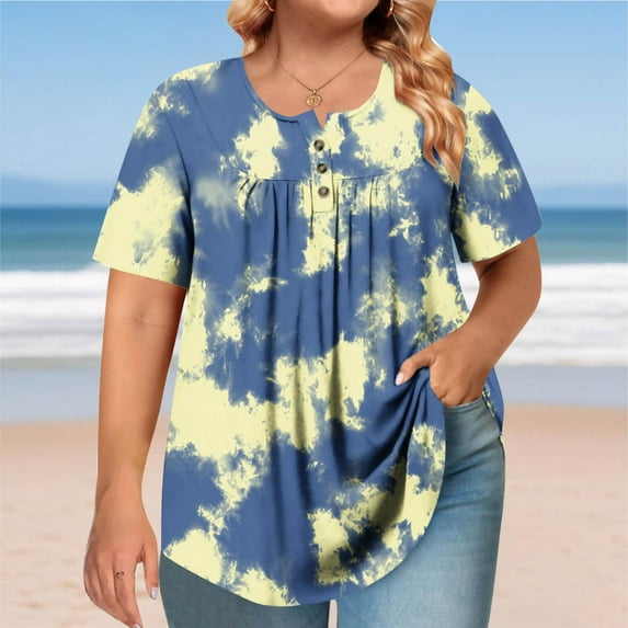 Blczomt Womens Summer Tops Oversized Tie Dye Plus Size Shirts Short Sleeve Round Neck Casual Button Beige Womens T Shirts