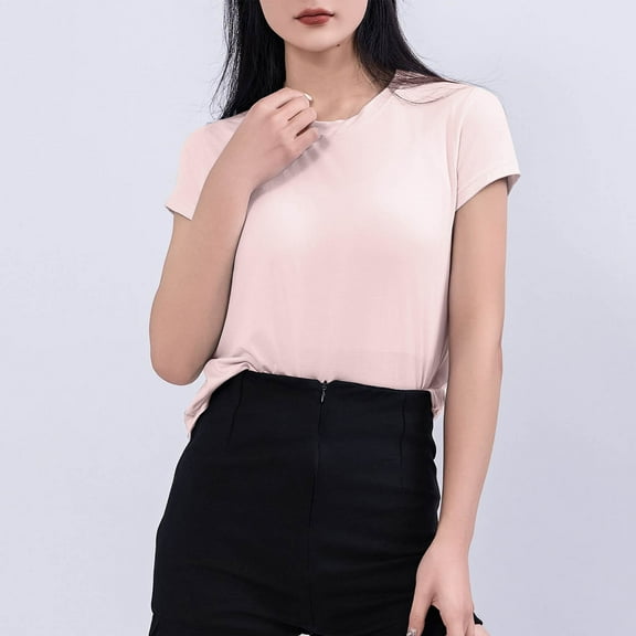 Blczomt Womens Summer Tops Plain Basic Tee Shirt Short Sleeve Casual Pink Crew Neck Blouses Women