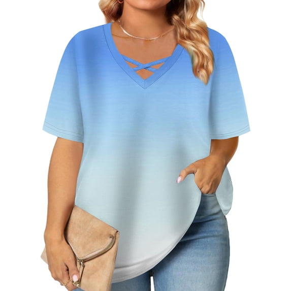 Blczomt Womens Summer Tops V Neck Oversized Tees Short Sleeve Blue Gradient Plus Size Women Shirts