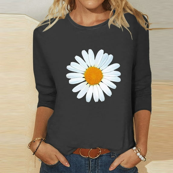 Blczomt Womens Thermal Tops 3/4 Sleeve Floral Crew Neck Blouse Womens Long Sleeve Shirts Trendy Loose