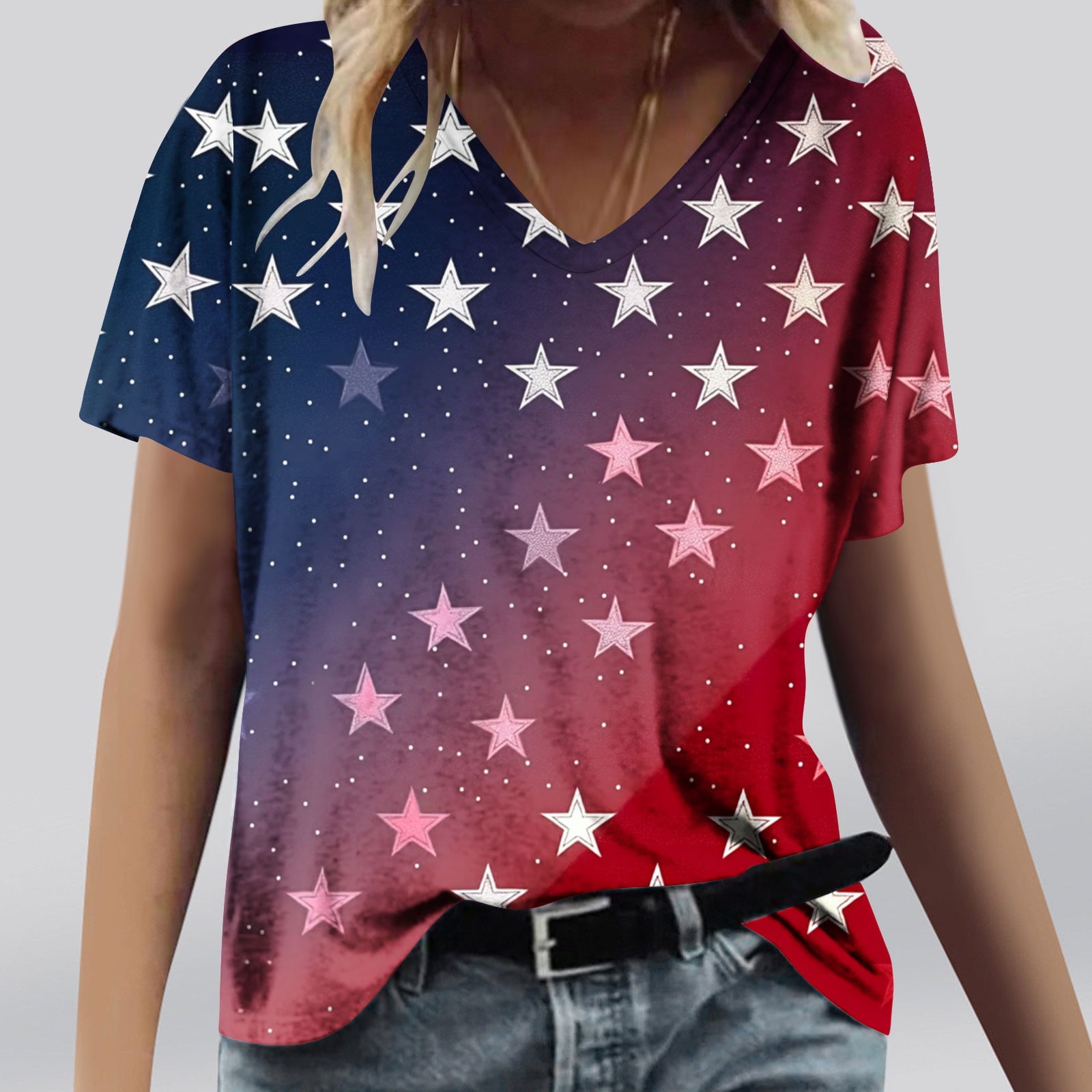 Woffccrd Women's Casual American Flag T-Shirt - Short Sleeve Crew Neck Graphic Tee With Glitter Detail