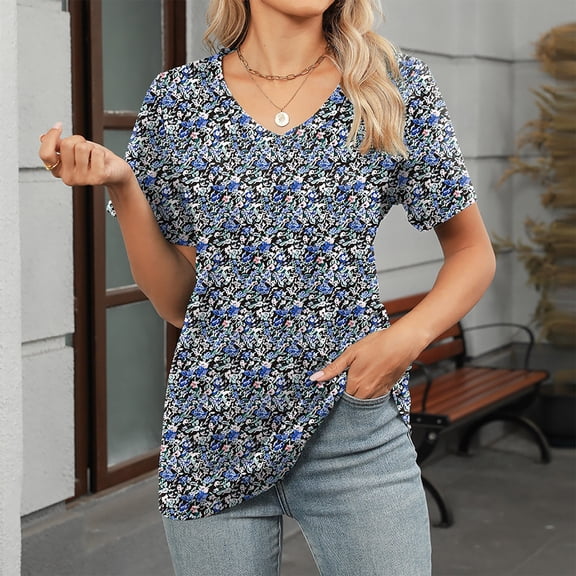 Blczomt Womens Tops Casual Floral V Neck Short Sleeve T-Shirt Peasant Summer Dressy Blouse for Women