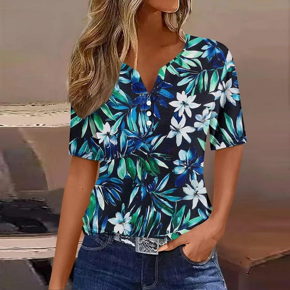 Blczomt Womens Tops Short Sleeve V Neck T-Shirt Green Floral 2025 Casual Ladies Summer Tops