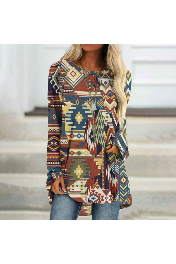 Womens Tops Under $10 Tunic Long Sleeve Casual Brown Western Shirts Crewneck Fall Winter Y2K Womens Blouse M