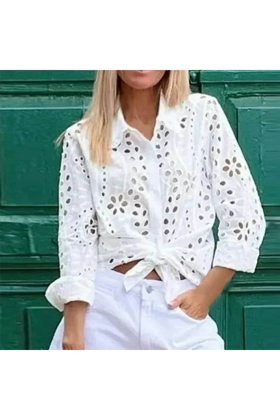 Womens Tops Under $5 Long Sleeve White Shirt Eyelet Button V Neck Hollow Out Womens Blouses